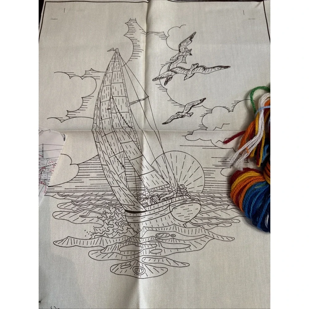 Vintage 80s Needlepint Kit Sailboat Boat Birds Nautical Sunset Creative Circle